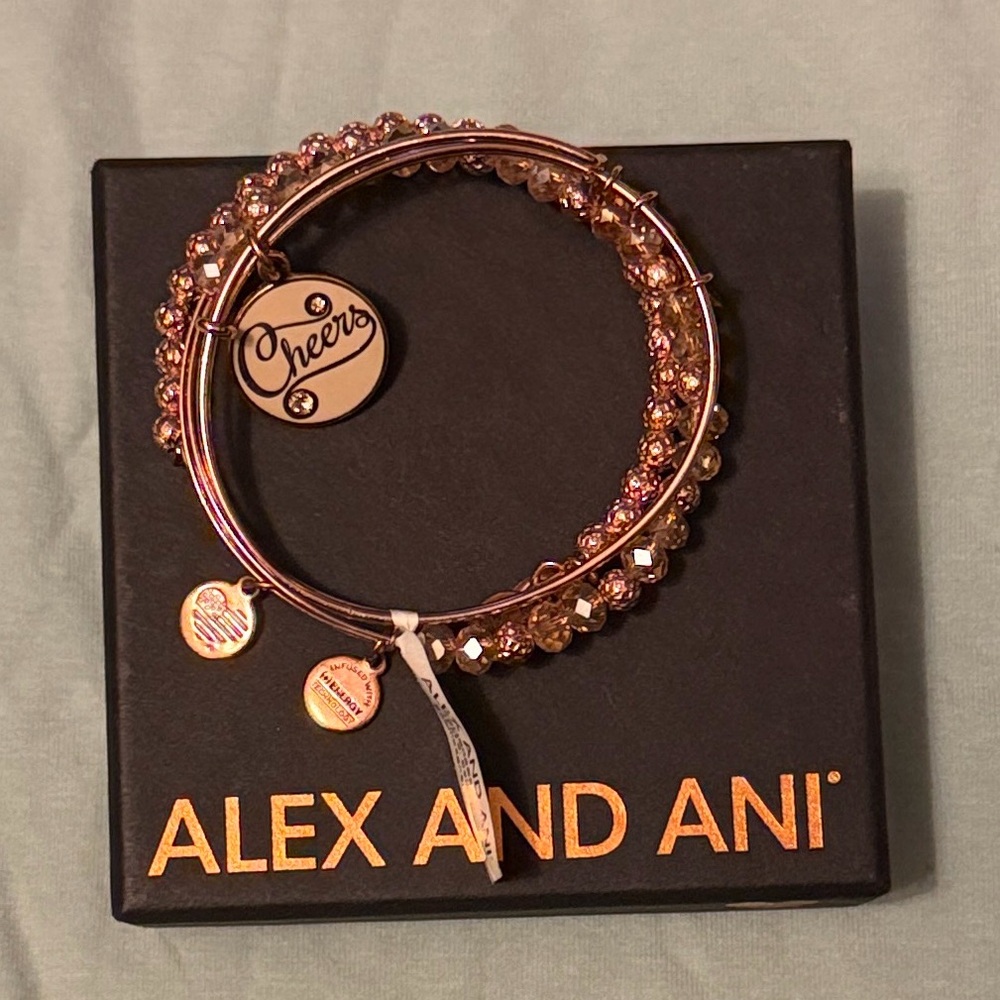 NEW SET Alex and Ani Cheers Charm Bracelet Rose Gold GIFT BOX CHAMPAGNE BEAD NWT - Picture 3 of 12